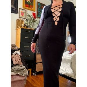 REFORMATION EDISON LACE-UP DEEP V NECK MIDI DRESS, SIZE M